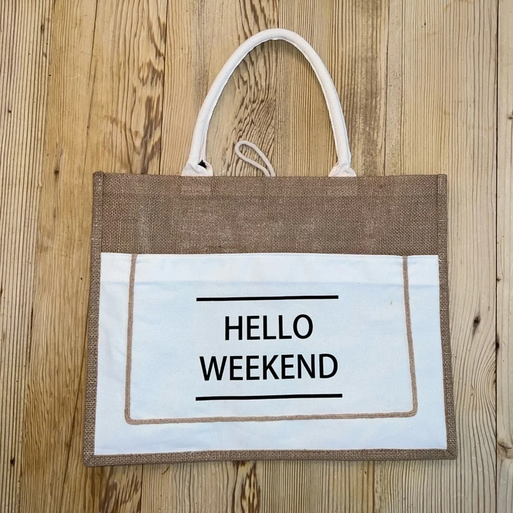Hello Weekend Tote Bag White And Tan Raffia/Burlap Material